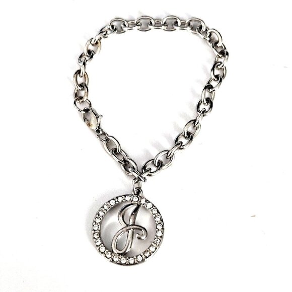 Jaclyn Smith Silver Tone Cable Chain Bracelet w/ Initial J Rhinestone Charm - Picture 1 of 4